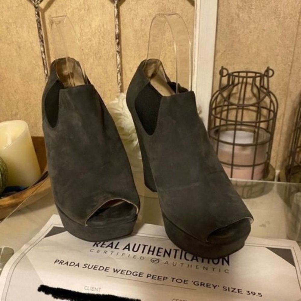 Prada Suede Peep Toe Wedge Ankle Booties - Picture 9 of 9